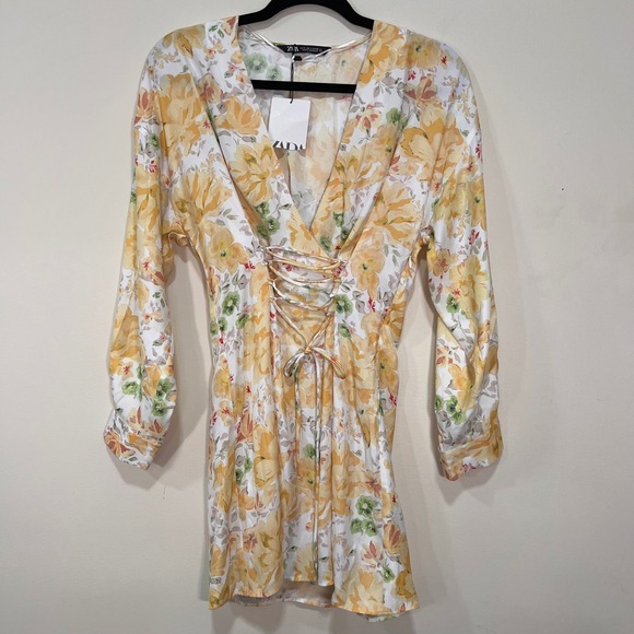 Zara Dresses & Skirts - NWT Zara Floral Lace-Up Corset Mini Dress Yellow Size Small A3